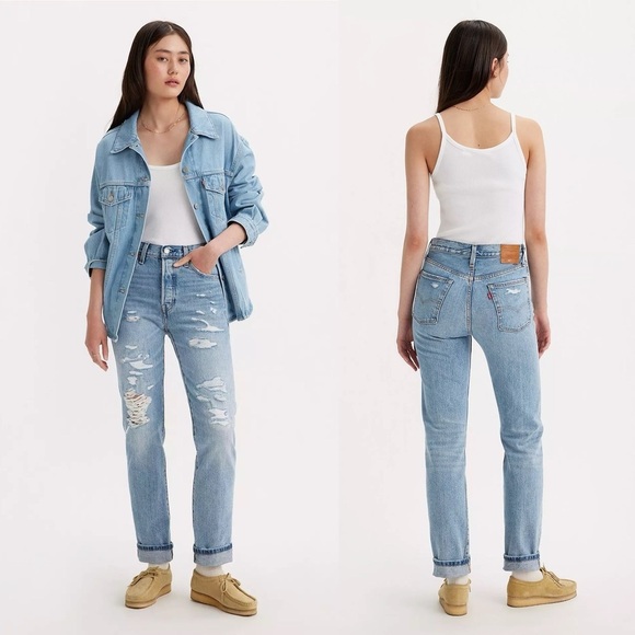 Levis Womens 501 Original Fit Selvedge Distressed High Rise Straight Fit Jeans - Picture 1 of 14